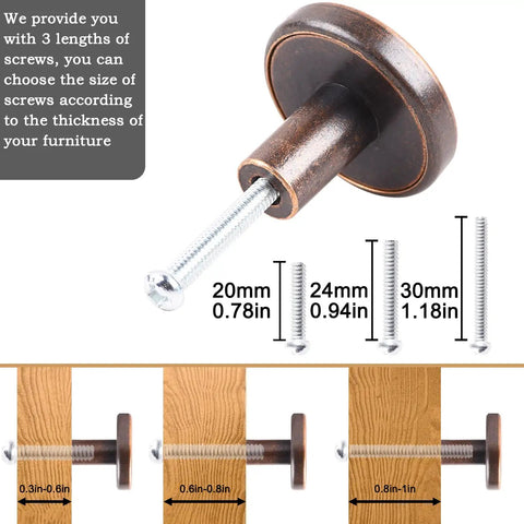 Premium Zinc Alloy Drawer Knobs And Cupboard Pulls With Screws Attached Vintage Round Brass Cabinet Handles showing sizes of screws for furniture.