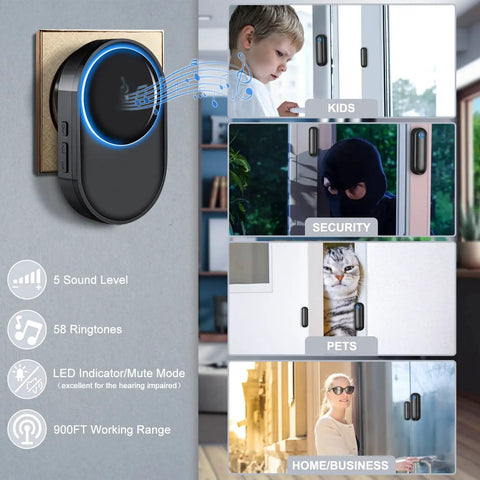 Wireless Door Open Sensor Alarm With 600 Ft Range 58 Chimes 5 Volume Levels And LED Indicators Plug And Play Setup