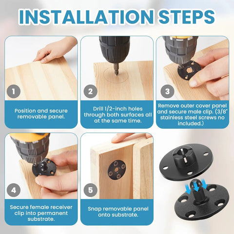 Installation steps for 50 Piece Heavy Duty Panel Fasteners And Snap Clips For Boat Rv Wall Panels with drill and panel demo.