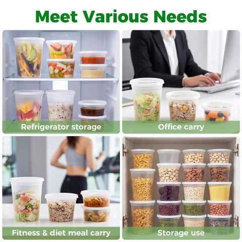 Hella Durable Leakproof Deli Containers With Secure Lids 48 Sets for takeout meal prep in various storage uses.