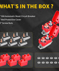 6 Tough As Nails 50 Amp Auto Reset Circuit Breakers, red covers, screw nuts, shown in a product box layout.