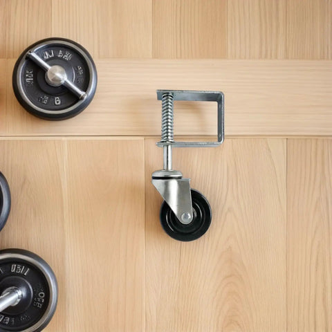 Heavy Duty Spring Loaded Gate Caster Wheels Roll Like Butter On Rough Yards With Beefy Four Inch Rubber Tires Universal Self Leveling Mount For Wooden Gates, showcasing a spring loaded caster wheel on wooden surface.