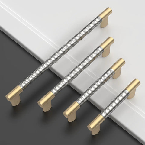 Slick 10 Pack Kitchen Cabinet Handles 5 Inch Brushed Satin Nickel Knurled Gold Drawer Pulls in assorted sizes on a surface.