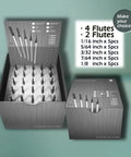 Box set of Micrograin Carbide Square End Mill Set 4 Flute Hardened Steel Ready AlTiBN Coating 25 Piece ISE Set 4T Pack displayed