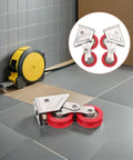 Real Deal Heavy Duty Sliding Door Rollers With Dual Wheel Setup Rock Solid Stainless Steel Build And Super Smooth Glide Operation For Patio Garage Door Track Replacement Hardware close-up of stainless steel rollers on tile floor.