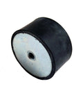 Heavy-Duty Rubber Cylindrical Vibration Isolation Mount 2 Inch Diameter 1.63 Inch Height With 3-Ply Felt Backing and 3/8-16 Tapped Threads, black rubber and metal.