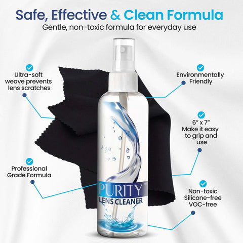 Purity Eyeglass Lens Cleaner spray bottle with blue label and spray nozzle; microfiber cleaning cloths in background.