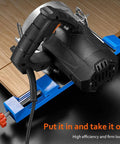 Adjustable Circular Saw Guide Rail For Precise Wood And Marble Cuts with blue base guide clamp, close-up on wood surface
