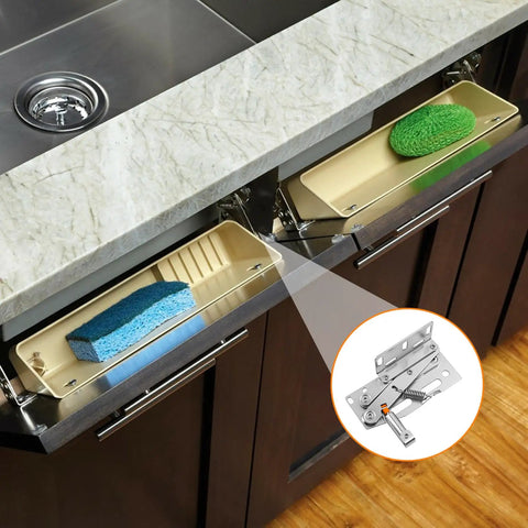 Heavy Duty Soft Close Tip Out Tray Hinges With Smooth Damping Action For Kitchen Sink Cabinets showing sink storage with sponges.
