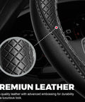 Close-up of Premium Microfiber Leather Steering Wheel Cover with Non Slip Grip, highlighting embossed texture and reinforced stitching.