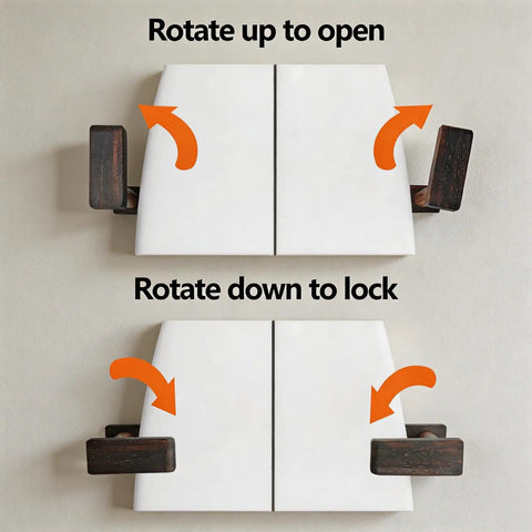 Ripper Ready Wood Surfboard Wall Mount Rack With Rotating Arms showing locking mechanism instructions on a wall.