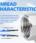 Illustration of 304 Stainless Steel Pipe Fitting Union One Half Inch NPT Female Thread Adapter with thread characteristics