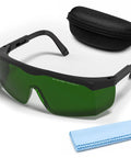 Heavy Duty Blue Laser Safety Glasses With OD4 Plus Lens Block 400nm To 500nm Wavelengths For Engraving Workbenches And DIY Crews in matte black frame with carrying case.
