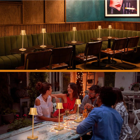 Cordless LED Desk Lamp On The Go With Rechargeable 5000mAh Battery used on dining tables in restaurants and outdoor settings.