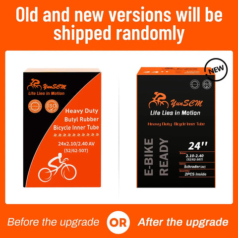 Packaging of Two Pack 24 Inch Heavy Duty Bike Tubes With AV32mm Schrader Valve Fits 24x2.10 To 24x2.40 Tires, old and new versions shown.