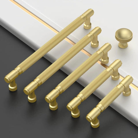 10 Pack 10 Inch Brushed Gold Cabinet Pulls Featuring Knurled Grip And Legit Solid Zinc with varying sizes on a modern surface.