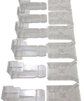 Six Pack Snap On Window Treatment Valance Clips For Two Inch Wood And Fakewood Blinds arranged in a row, transparent plastic design.