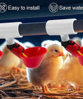 Twelve Piece Automatic Chicken Waterer Pvc Pipe Tee Fitting Kit For Large Coop Heavy Duty Leakproof Threading with red drinkers and chicks.