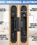 Seven Inch Black Hidden Door Hinges For Secret Rooms And Bookcase Doors Slick Invisible Folding Hardware showing three-dimensional adjustments.