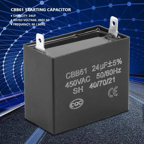 Top Shelf Heavy Duty CBB61 Style Run Capacitor 24 Microfarad 450 Volt AC Motor Starter Upgrade For Portable Generators And Diesel Engines UL Rated Rock Solid, CBB61 capacitor with rated specifications.