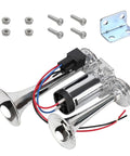 Rock Solid 12V Electric Air Horn Kit With Blasting Dual Trumpets And Heavy Duty Power Compressor Waterproof showing horns and wiring.
