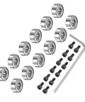 Rock Solid Chrome Steel Top Mounted Router Bit Bearings 12 Piece Kit 3/16 Inch Inner Diameter with screws and hex key.