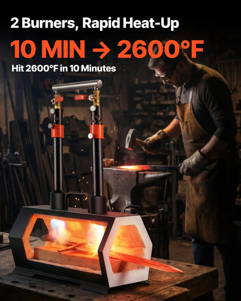 Portable Two Burner Propane Forge For Blacksmithing And Knife Making, Reaches 2600 F, lit forge with tools in workshop