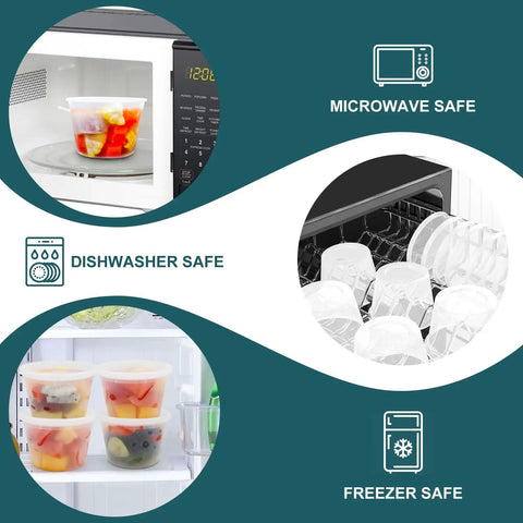 Straight Up Solid 16 Oz Deli Containers With Lids 48 Sets BPA Free, shown in microwave, dishwasher, and freezer.