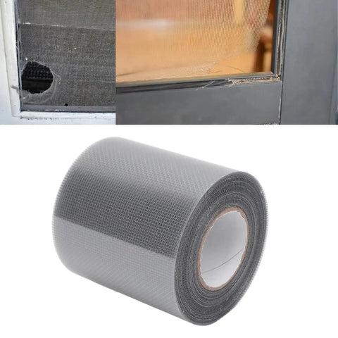 Heavy Duty Mesh Repair Tape Roll With Strong Adhesive For Windows Screens Tents Doors Cars And More Easy Self Adhering Patch DIY Friendly 20 Feet Grey For Quick Fixes And Lasting Repairs in roll form with patch usage examples on window screen