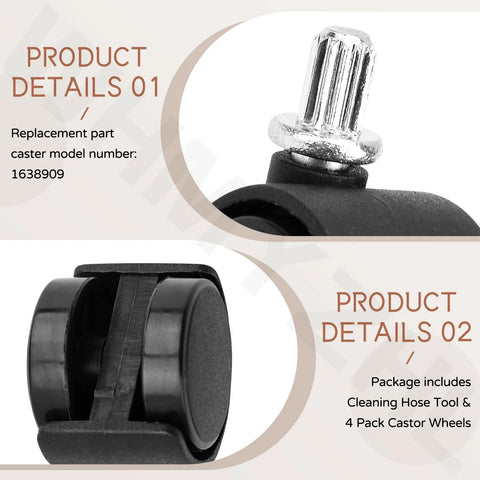 Self Cleaning Hose Tool And Four Pack Castor Wheels For Little Green HydroSteam Carpet Cleaners 3605 3618 3532 Replacement Part 1638909 Durable Castors For Stable Movement And Easy Installation, showing a close-up of black castor wheel details.