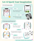 Instructions for using AI features of Compact T02 Mini Sticker Printer With Bluetooth Label Maker Inkless Thermal Printer For Photos And Notes Portable Sticker Box Kit For Kids Studying Journals And DIY Projects With Smart AI App Gift Ready, including art generation and background removal, displayed on a mobile app interface.