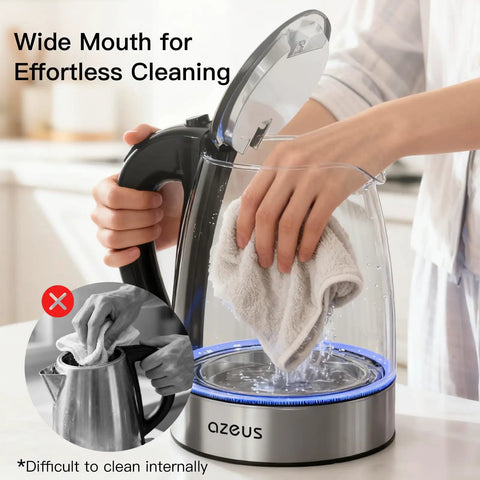 Person cleaning Fast Boil Electric Water Kettle 1.8L With Auto Shut Off Boil Dry Protection BPA Free Borosilicate Glass And Stainless Steel
