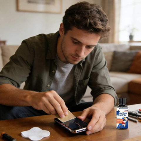 Man using Scratch Removal Kit For Screens And Glasses, 100Ml Repair Cream System to fix phone screen scratches in a living room.