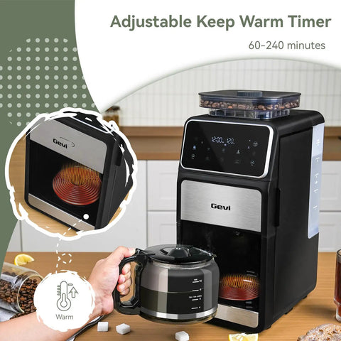 Grind And Brew 10-Cup Coffee Maker With Built-In Burr Grinder, Programmable Touch Screen, glass carafe side view in kitchen