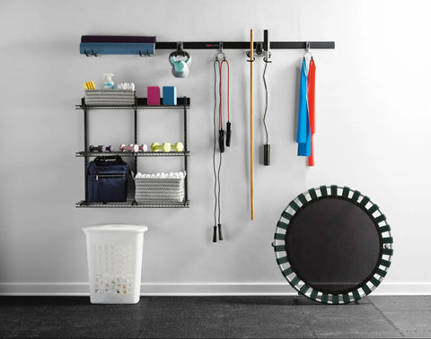 Hella Sturdy Garage Wall Storage Rack With Heavy Duty Steel Shelves And Modular Rails For Workshop Home Organization Super Quick Install, featuring organized weights and equipment.