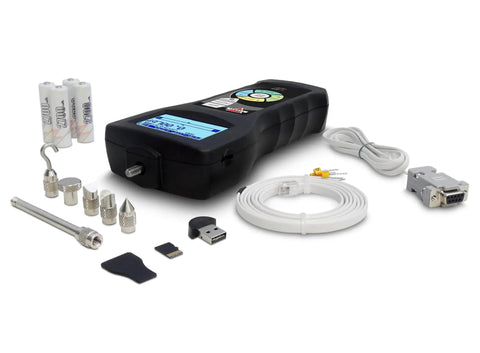 Pro Grade Workhorse Digital Force Gauge for Tension and Compression Testing with accessories, USB, and sharp screen.