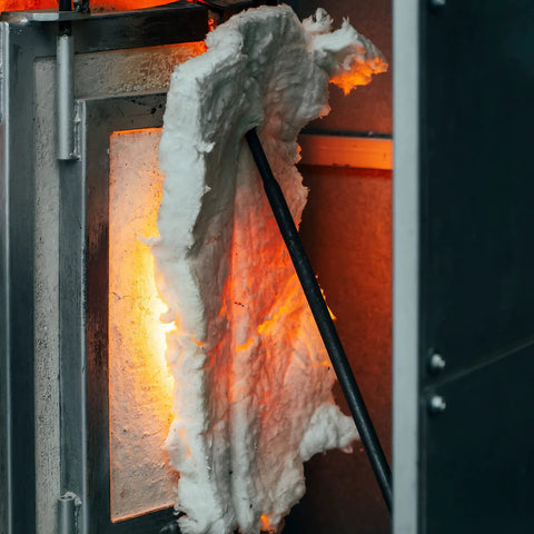 White ceramic fiber insulation blanket inside a furnace, 24x12x1 in, high-density fireproof insulation.