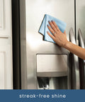 Front view of blue microfiber cleaning cloth on a stainless steel refrigerator door, 11.8 x 11.8 in