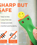 Close-up of green plastic razor blade scraper tool with text on features, part of Plastic Razor Blade Scraper Tool Kit 2 Pack With 100 Replacement Blades No Scratch Safe Window Glass Vinyl Decal Removal For Walls Floors Kitchens Stoves Cars And More Cleaning Supply.