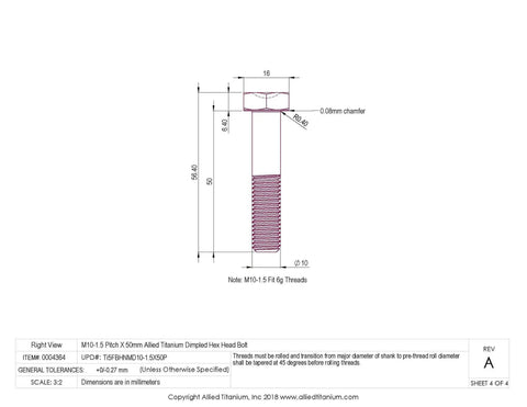 M10 X 50 Millimeter Hex Head Bolts Pack Of Five Grade 5 Titanium Fasteners dimensional drawing with detailed measurements.