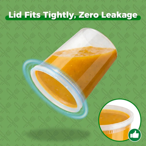 Hella Durable Leakproof Deli Containers With Secure Lids 48 Sets for takeout, showcasing tight lid fit preventing soup leakage.