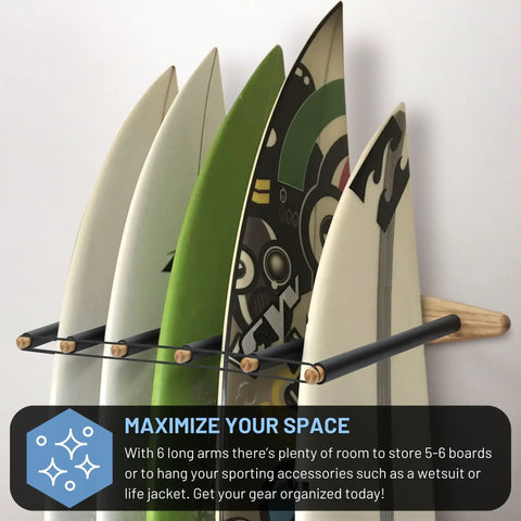 Tough As Nails Vertical Surfboard Rack Wall Mount With Six Reinforced Arms Holds Five To Six Boards, showcasing boards stored securely.