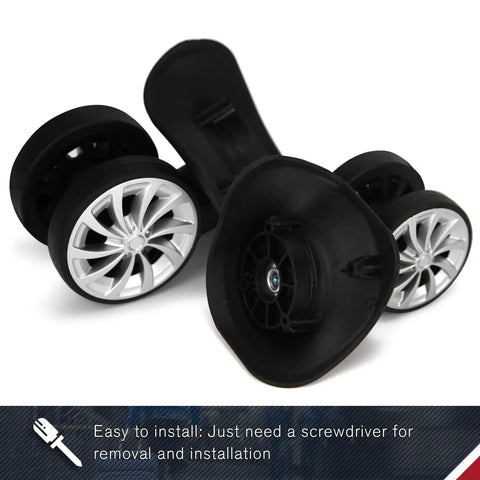 Top Shelf Luggage Wheels Replacement Pair Built Tough With Metal Bearings for suitcases, showcasing durable black and silver rollers.