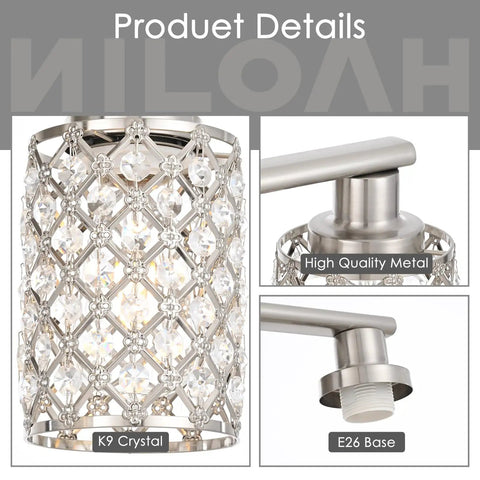 Close-up of 4 Light Vanity Light Fixture in Brushed Nickel With Crystal Shade showing K9 crystal detail and E26 base.