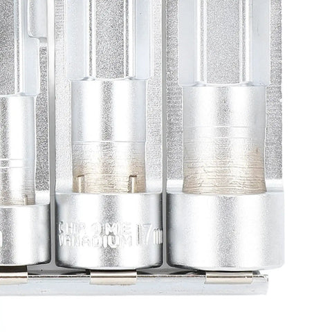 Pro Grade 7 Piece O2 Sensor Socket Set With Cross Hole Design For Rapid Oxygen Sensor Extraction showing silver chrome vanadium sockets.