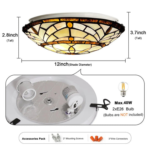 Tiffany Style Ceiling Light With Stained Glass Vibe 2 Light 12 Inch Flush Mount showing dimensions and fixture details