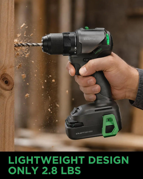 Badass 20V Brushless Cordless Drill Driver Set With 443 Inch Pounds Torque Two Speed Gears And 20 Ah Battery drilling into wood.