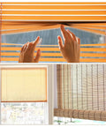 Hands adjusting orange pleated blinds, featuring the Universal Rv Pleated Shade Repair Kit With Heavy Duty Cord Hold Downs And Tension Springs For Camper Window Blinds Hassle Free Diy Restringing Refresh.