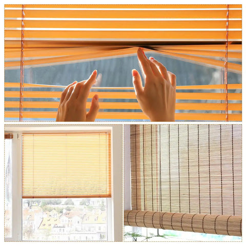 Hands adjusting orange pleated blinds, featuring the Universal Rv Pleated Shade Repair Kit With Heavy Duty Cord Hold Downs And Tension Springs For Camper Window Blinds Hassle Free Diy Restringing Refresh.