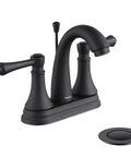 Matte Black 4 Inch Bathroom Sink Faucet With Three Hole Centerset Two Handles Metal Casting Spout Sleek Modern RV Farmhouse Vanity Faucet Include Drain With Overflow And Lift Rod
